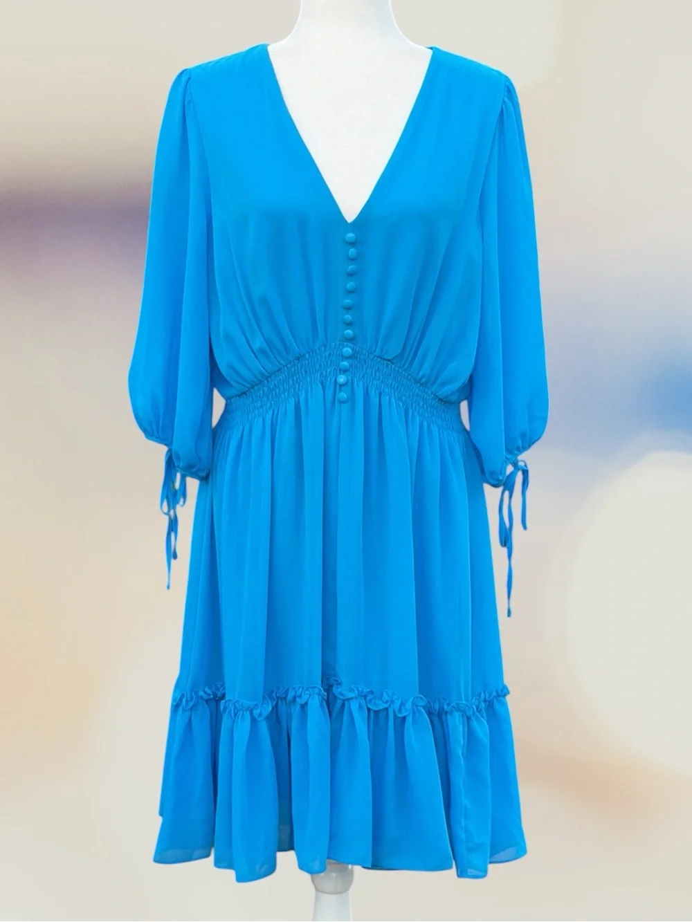Taylor Turquoise Chiffon 3/4 Ballon Sleeve Ruffle Hem Midi Swing Dress, L
